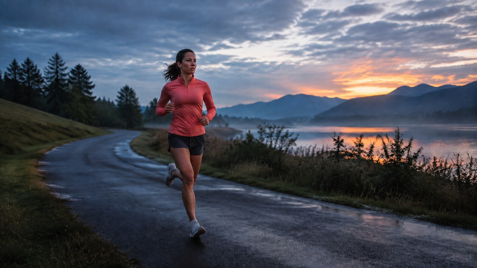 Runner completing a controlled half marathon training pace workout on a quiet road at sunrise