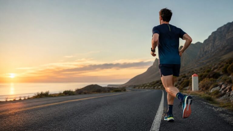 Runner training on a road at sunrise for a sub-2-hour half marathon