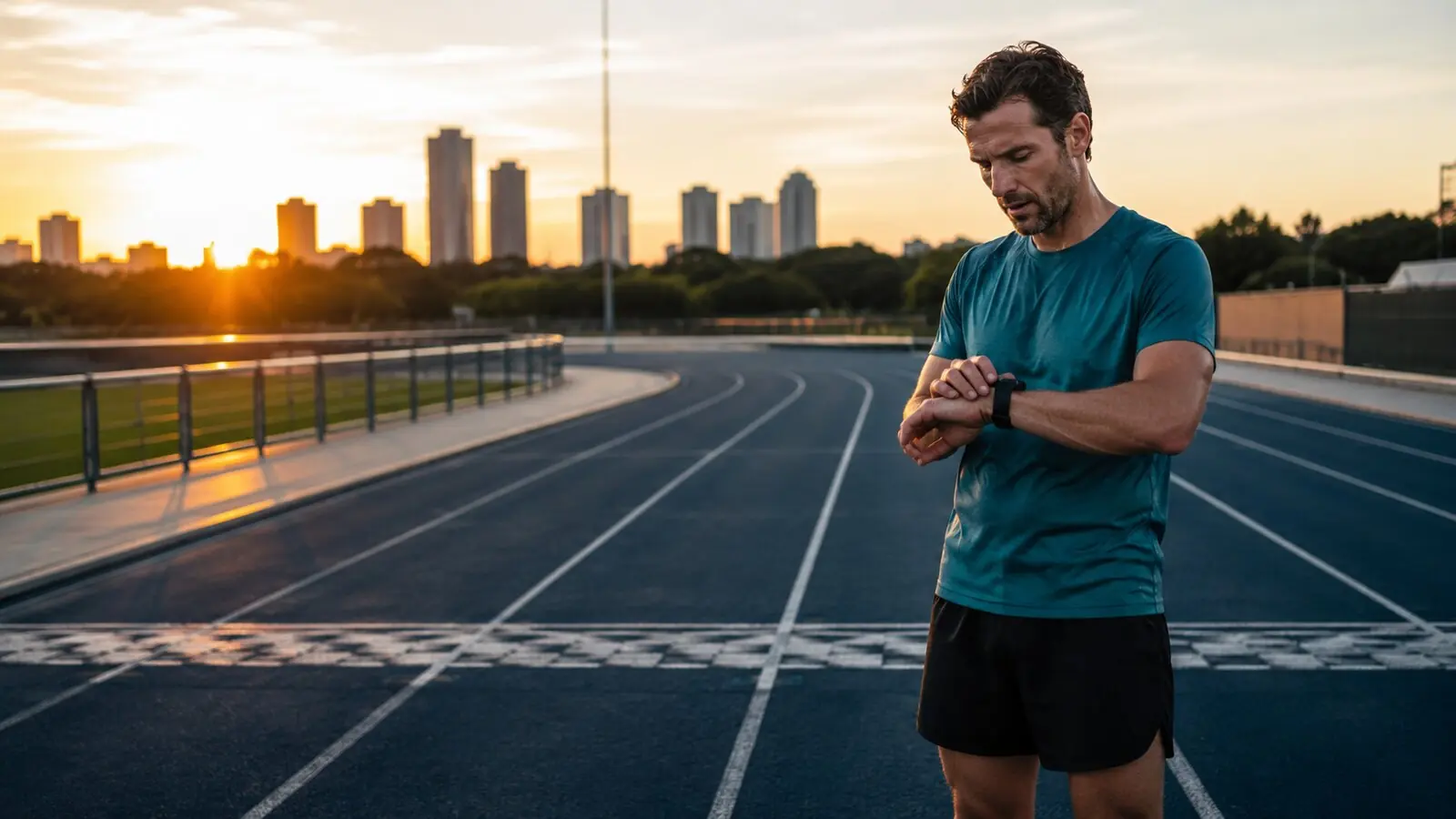 Runner checking a watch after a half marathon goal-pace workout on a track at sunrise