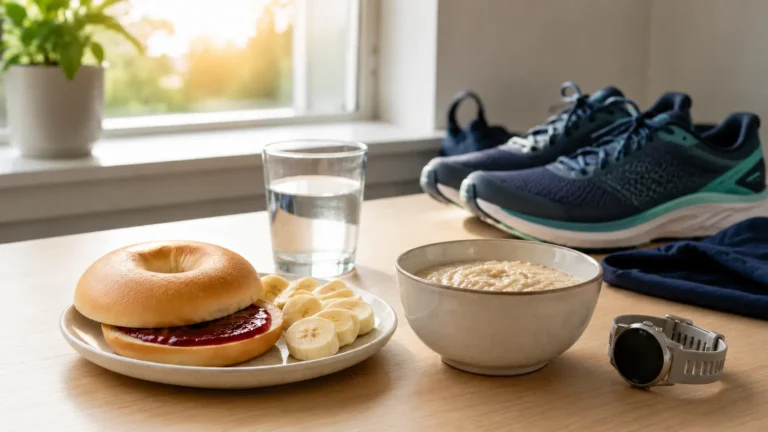 Pre-race half marathon breakfast with a bagel, banana, oatmeal and water beside running shoes