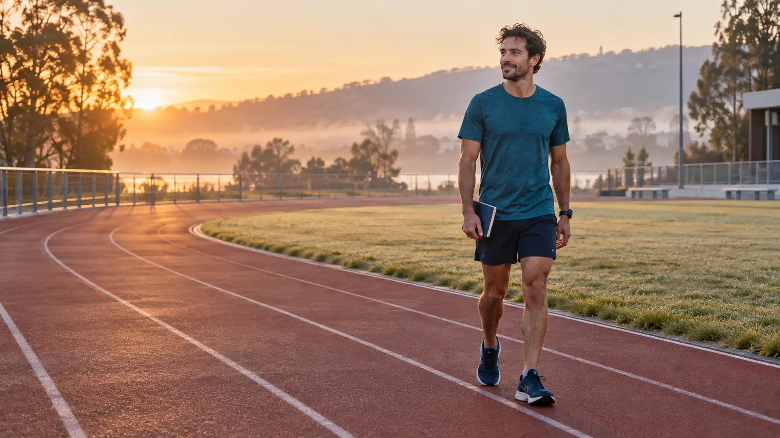 Half marathon runner walking calmly beside a track during a planned cutback recovery week