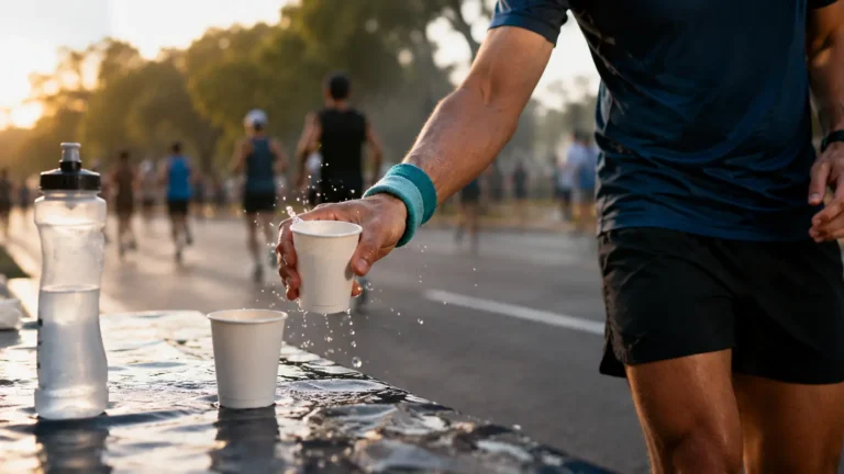 Runner taking a cup of water at a half marathon aid station in warm morning light