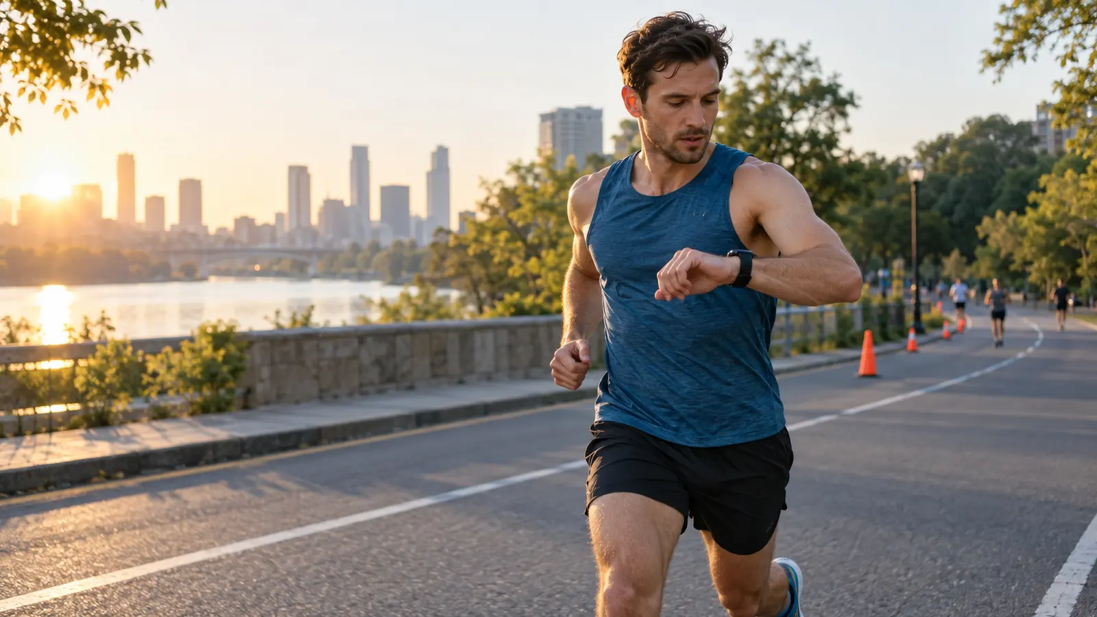 Runner checking a GPS watch while pacing a half marathon on a marked road course