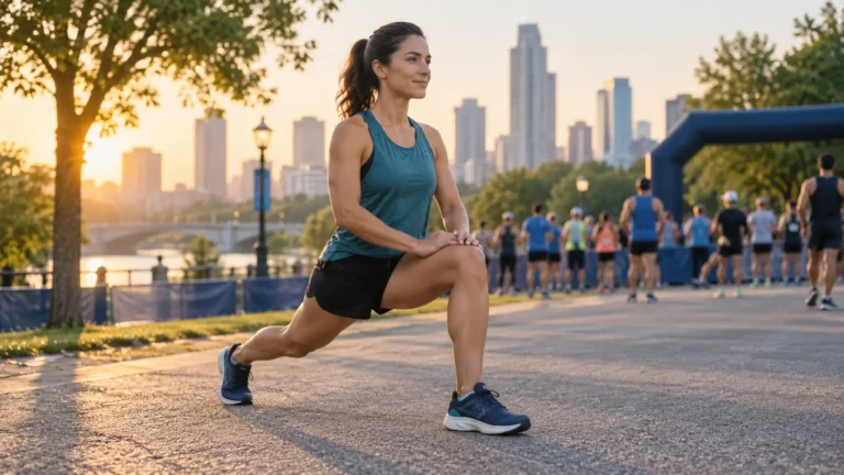 Runner performing a walking lunge near a half marathon start area at sunrise