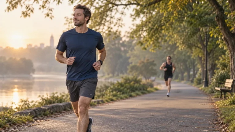 Runner completing an easy recovery jog on a park path after a hard workout