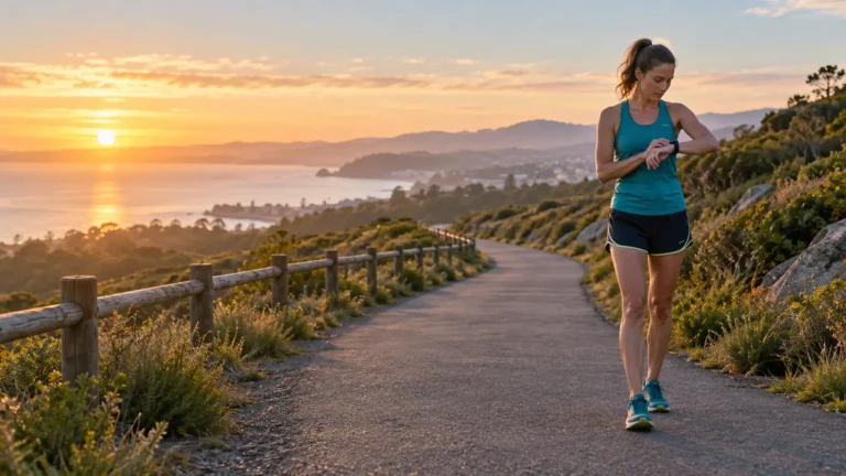 Recreational runner checking a sports watch on a long coastal path while preparing for a half marathon