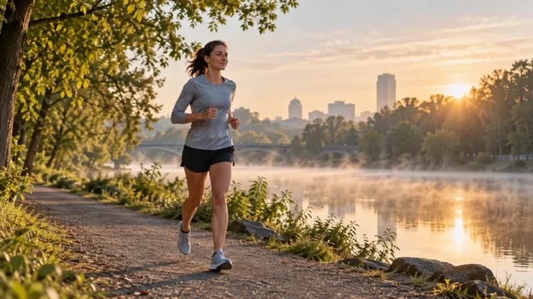 Runner jogging at an easy recovery pace on a quiet riverside path at sunrise