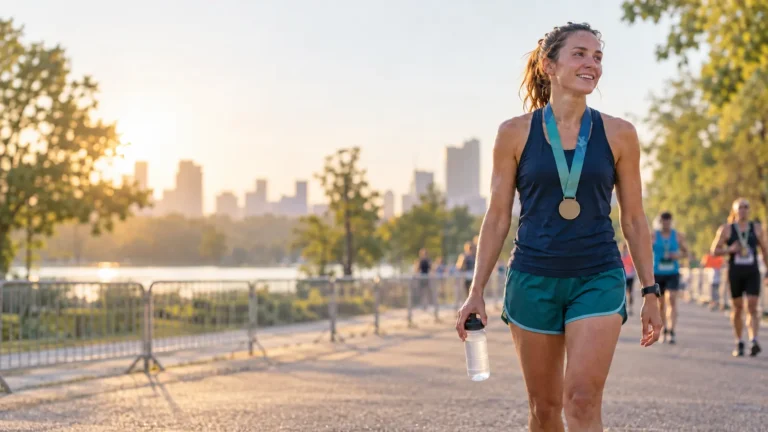 Half marathon runner walking with a finisher medal and water bottle after the race