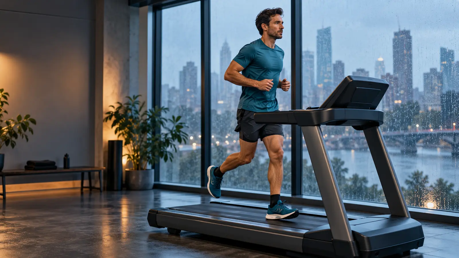 Runner completing a controlled half marathon workout on a treadmill beside rainy windows
