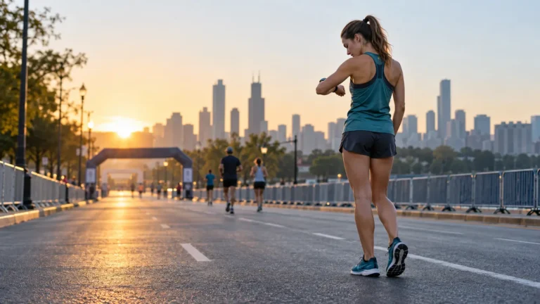 Runner checking a sports watch before a 10K tune-up race at sunrise